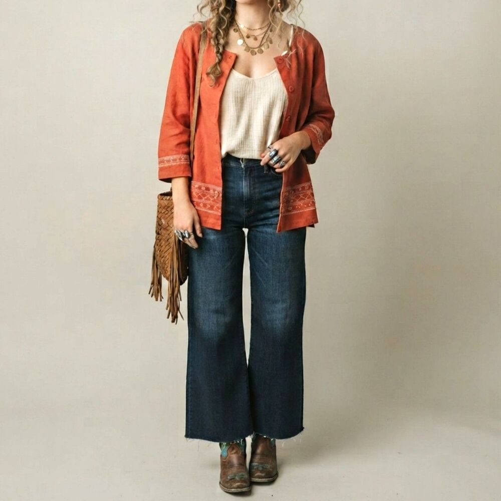 Vintage Erika Linen Embroidered Orange Blouse Cardigan Large Boho 3/4 Sleeve EUC